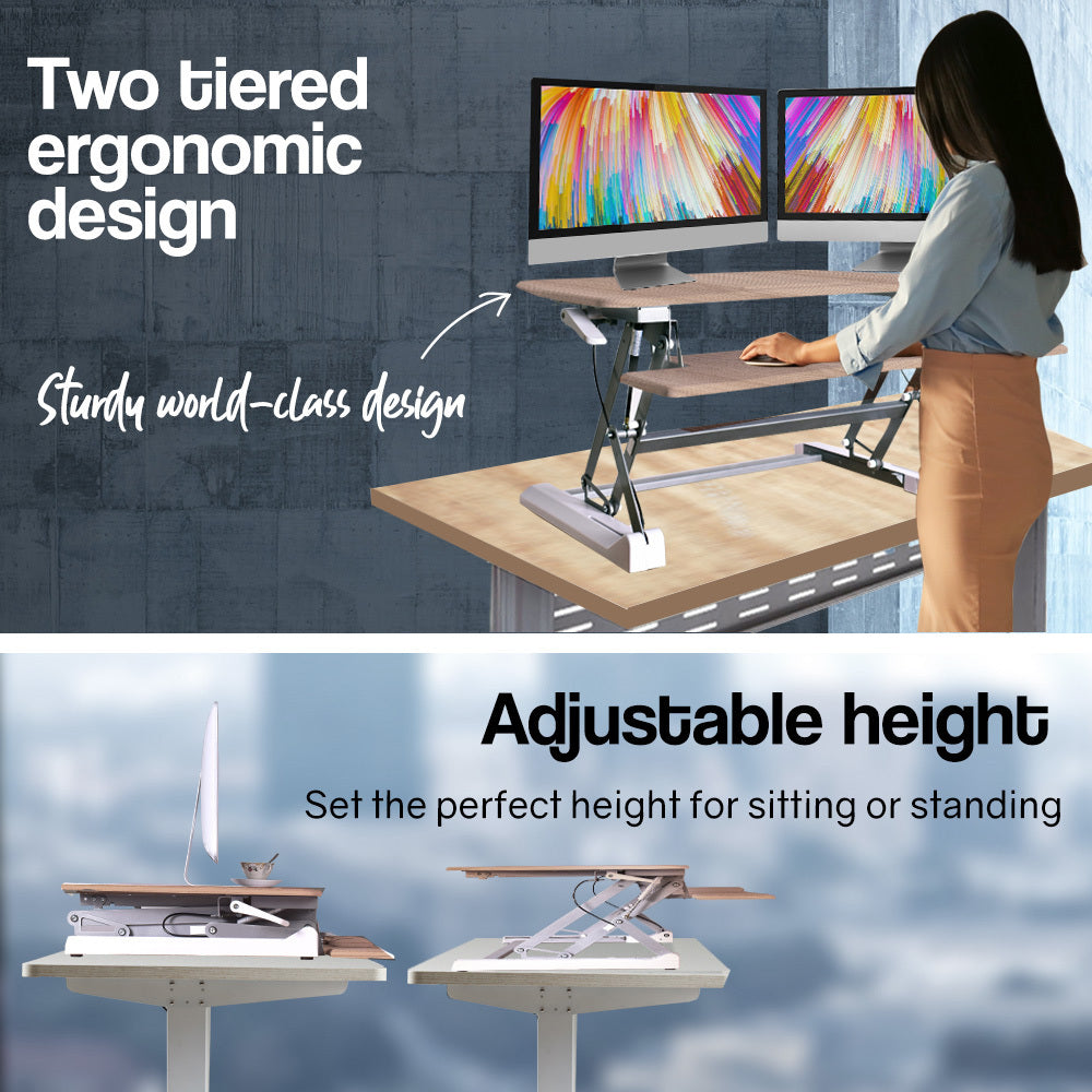 Fortia Desk Riser 90cm Wide Adjustable Sit to Stand for Dual Monitor Keyboard Laptop Beech