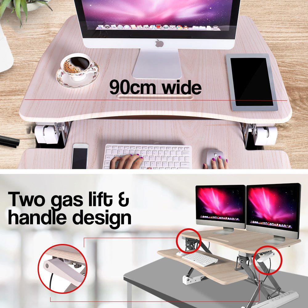 Fortia Desk Riser 90cm Wide Adjustable Sit to Stand for Dual Monitor Keyboard Laptop Beech