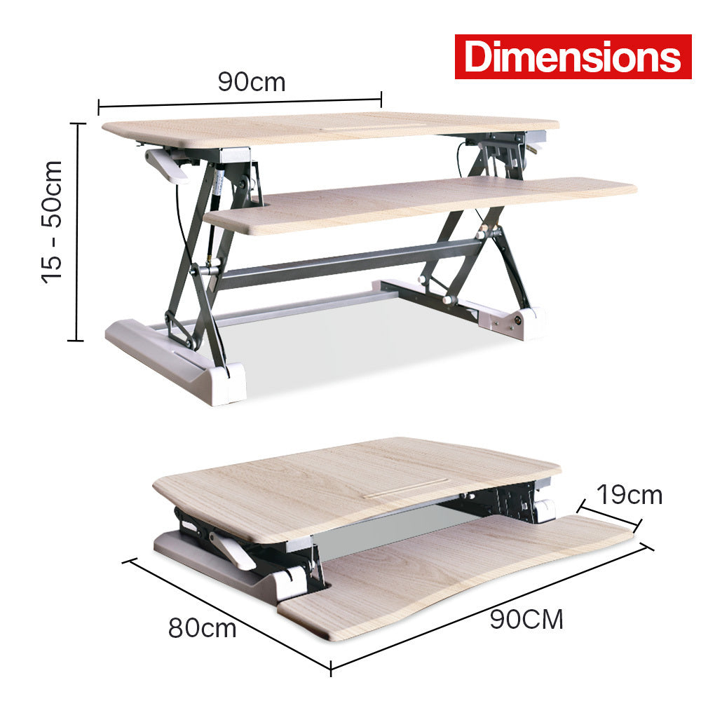 Fortia Desk Riser 90cm Wide Adjustable Sit to Stand for Dual Monitor Keyboard Laptop Beech