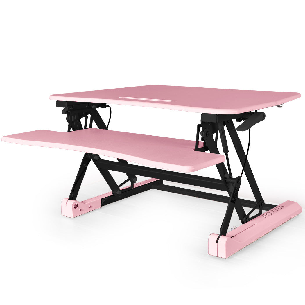Fortia Desk Riser 90cm Wide Adjustable Sit to Stand for Dual Monitor Keyboard Laptop Pink
