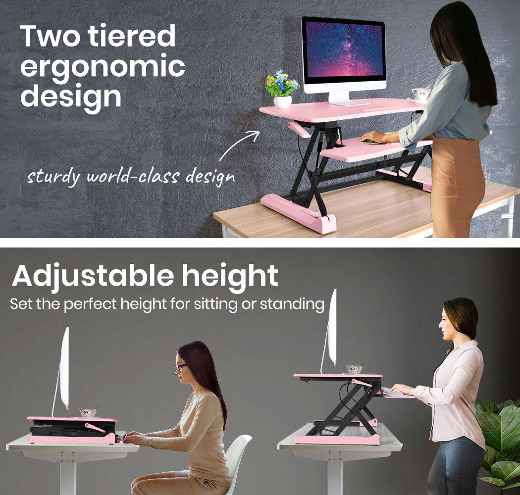 Fortia Desk Riser 90cm Wide Adjustable Sit to Stand for Dual Monitor Keyboard Laptop Pink