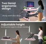 Fortia Desk Riser 90cm Wide Adjustable Sit to Stand for Dual Monitor Keyboard Laptop Pink - Front View