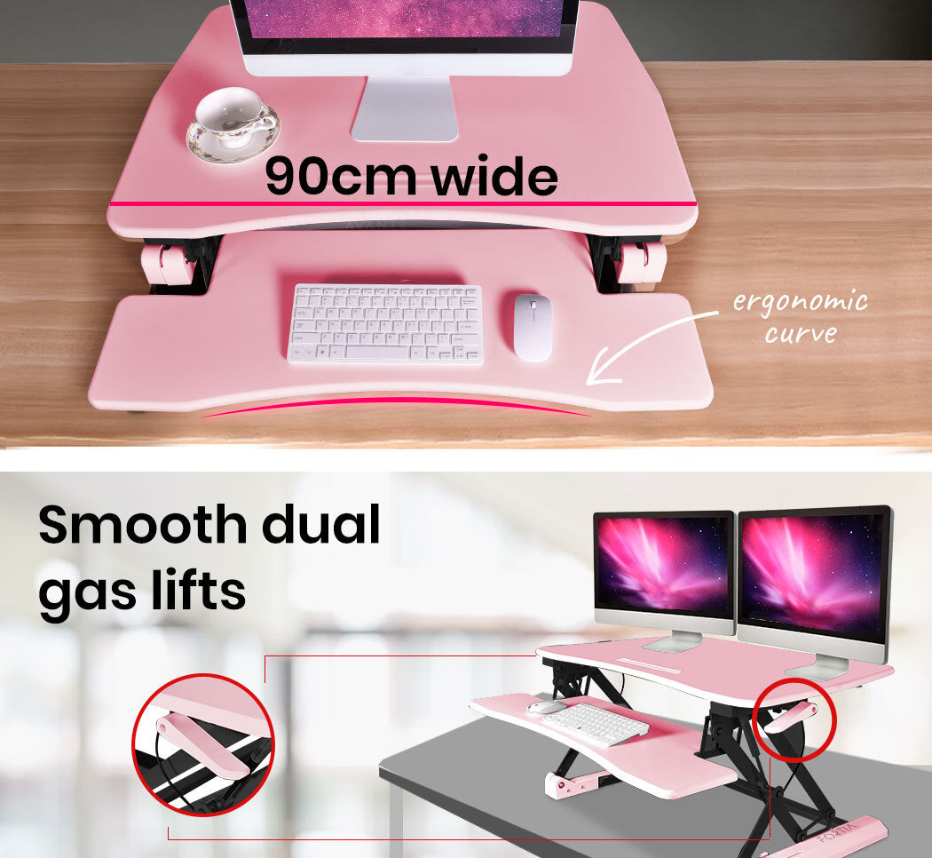 Fortia Desk Riser 90cm Wide Adjustable Sit to Stand for Dual Monitor Keyboard Laptop Pink