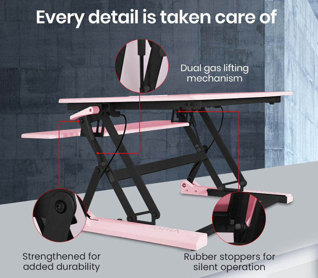 Fortia Desk Riser 90cm Wide Adjustable Sit to Stand for Dual Monitor Keyboard Laptop Pink