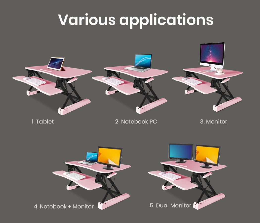 Fortia Desk Riser 90cm Wide Adjustable Sit to Stand for Dual Monitor Keyboard Laptop Pink