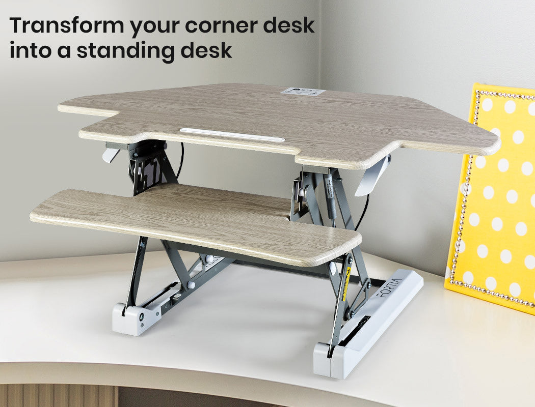 Fortia Corner Desk Riser 110cm Wide Adjustable Sit to Stand for Dual Monitor Keyboard Laptop Beech