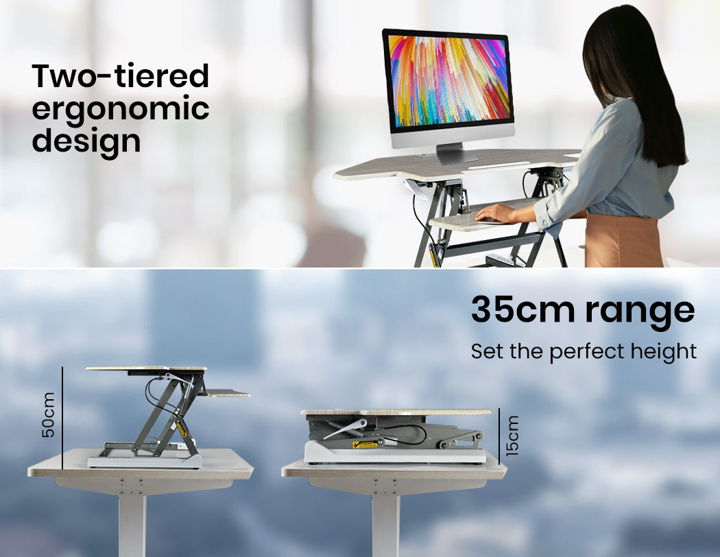Fortia Corner Desk Riser 110cm Wide Adjustable Sit to Stand for Dual Monitor Keyboard Laptop Beech