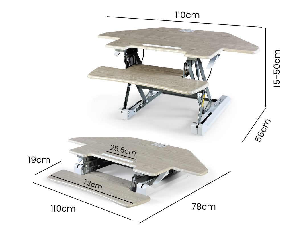 Fortia Corner Desk Riser 110cm Wide Adjustable Sit to Stand for Dual Monitor Keyboard Laptop Beech