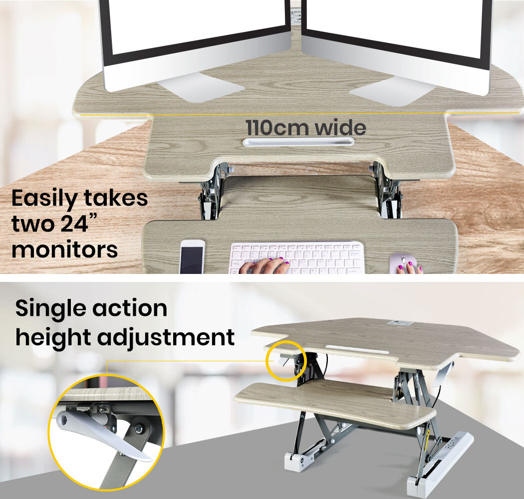 Fortia Corner Desk Riser 110cm Wide Adjustable Sit to Stand for Dual Monitor Keyboard Laptop Beech