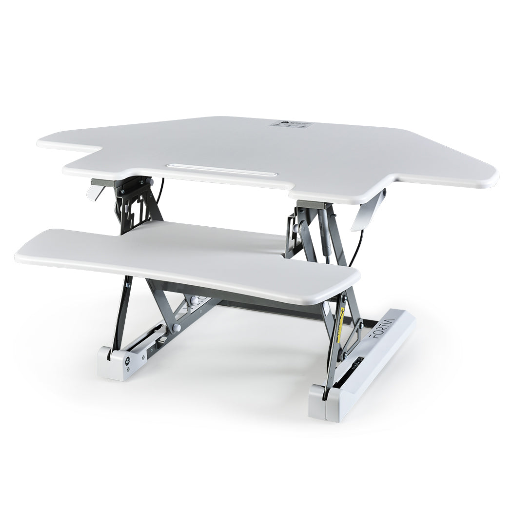 Fortia Corner Desk Riser 110cm Wide Adjustable Sit to Stand for Dual Monitor Keyboard Laptop White