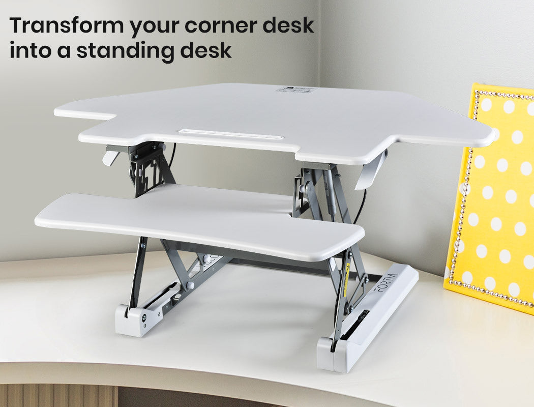 Fortia Corner Desk Riser 110cm Wide Adjustable Sit to Stand for Dual Monitor Keyboard Laptop White
