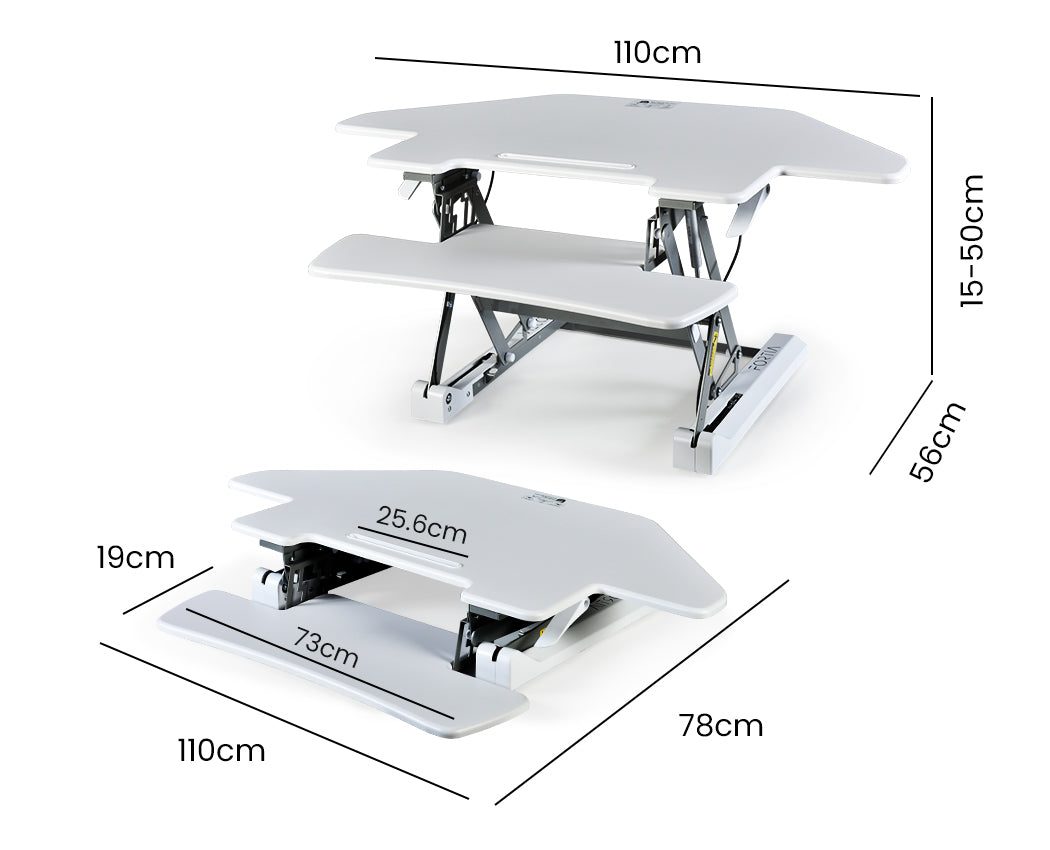 Fortia Corner Desk Riser 110cm Wide Adjustable Sit to Stand for Dual Monitor Keyboard Laptop White