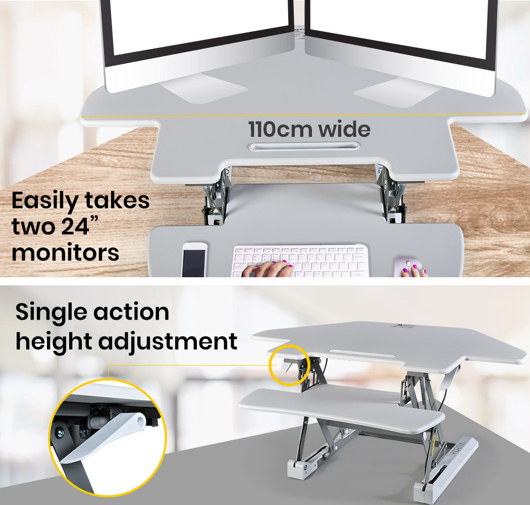 Fortia Corner Desk Riser 110cm Wide Adjustable Sit to Stand for Dual Monitor Keyboard Laptop White
