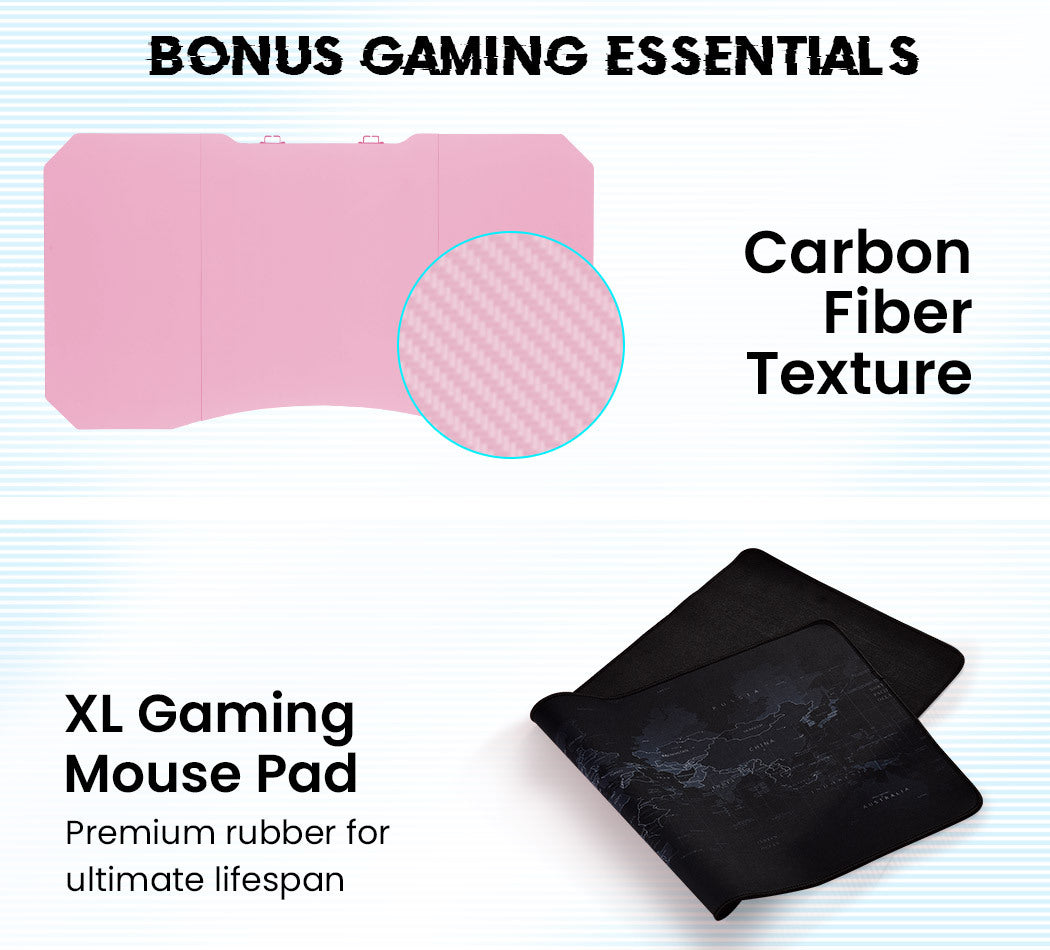 OVERDRIVE Gaming PC Desk Carbon Fiber Style Pink and Black with Headset Holder Gaming Mouse Pad