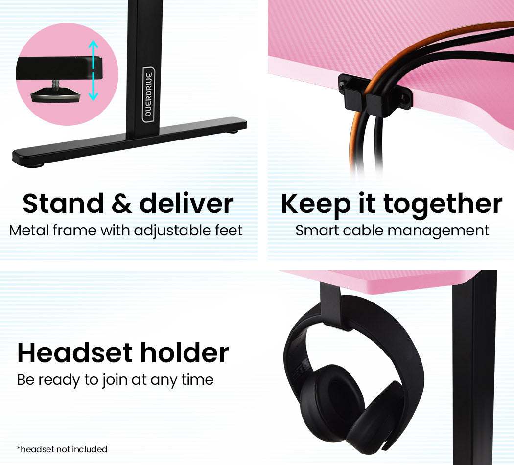 OVERDRIVE Gaming PC Desk Carbon Fiber Style Pink and Black with Headset Holder Gaming Mouse Pad
