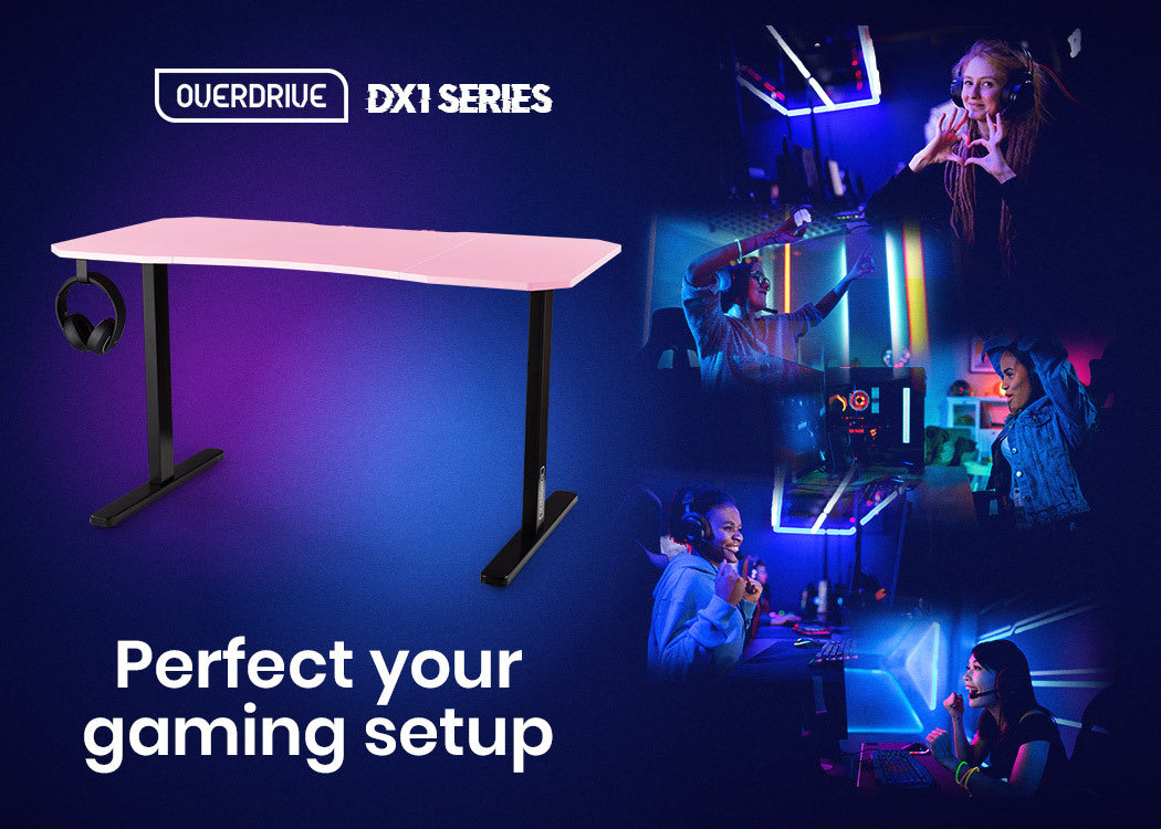 OVERDRIVE Gaming PC Desk Carbon Fiber Style Pink and Black with Headset Holder Gaming Mouse Pad