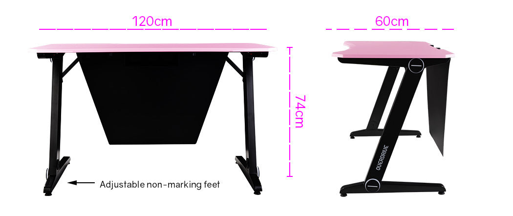 OVERDRIVE Gaming Computer PC Desk Z-Style Pink and Black Cable Management