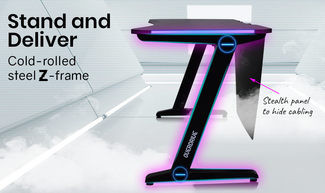 OVERDRIVE Gaming Desk 120cm Computer Black PC Blue LED Lights Carbon Fiber Look
