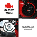 GENPOWER 8.5kW Peak 7.2kw Open Frame Inverter Generator, Push-Button Start, 2x15A, 1x32A, 20L Tank, Wheels, RCD, Portable, Backup - Low Angle