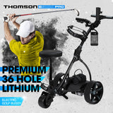 THOMSON E5000 Pro Lithium Golf Buggy, 36 Hole, Only 12kg, Easy Fold, Electric Motorised Buggy Trolley Cart w/ Seat, Black - Front View