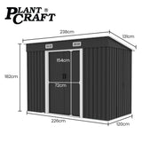 PlantCraft Galvanised Steel Garden Shed 2.38 x 1.31 x 1.82m, with 2 Sliding Doors, 2 Air Vents, Skillion Roof, Floor Frame - Front View
