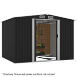 PLANTCRAFT Galvanised Steel Garden Shed 2.58 x 2.07 x 2.02m, with 2 Sliding Doors, 4 Air Vents, Gable Roof, Floor Frame, Black