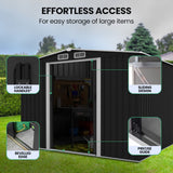 PLANTCRAFT Galvanised Steel Garden Shed 2.58 x 2.07 x 2.02m, with 2 Sliding Doors, 4 Air Vents, Gable Roof, Floor Frame, Black - 45-Degree Angle