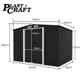 PLANTCRAFT Galvanised Steel Garden Shed 2.58 x 2.07 x 2.02m, with 2 Sliding Doors, 4 Air Vents, Gable Roof, Floor Frame, Black - Extra Image