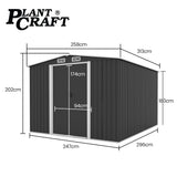 PlantCraft Galvanised Steel Garden Shed 2.58 x 3.13 x 2.02m, with 2 Sliding Doors, 4 Air Vents, Gable Roof, Floor Frame - Front View