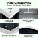 PlantCraft Galvanised Steel Garden Shed 2.58 x 3.13 x 2.02m, with 2 Sliding Doors, 4 Air Vents, Gable Roof, Floor Frame - Close-Up Angle