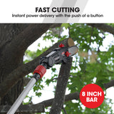 BAUMR-AG 20V SYNC Cordless Pole Saw & Hedge Trimmer Combo, 8 inch Chainsaw Pruner, Telescopic Handle, with Battery and Charger Kit - Close-Up Angle