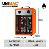 UNIMAC 3kW Industrial Electric Fan Heater, 15A, Adjustable Thermostat, 2 Heat Settings, Fast Heating, Compact Portable Box Design for Workshop and Garage Use - Front View