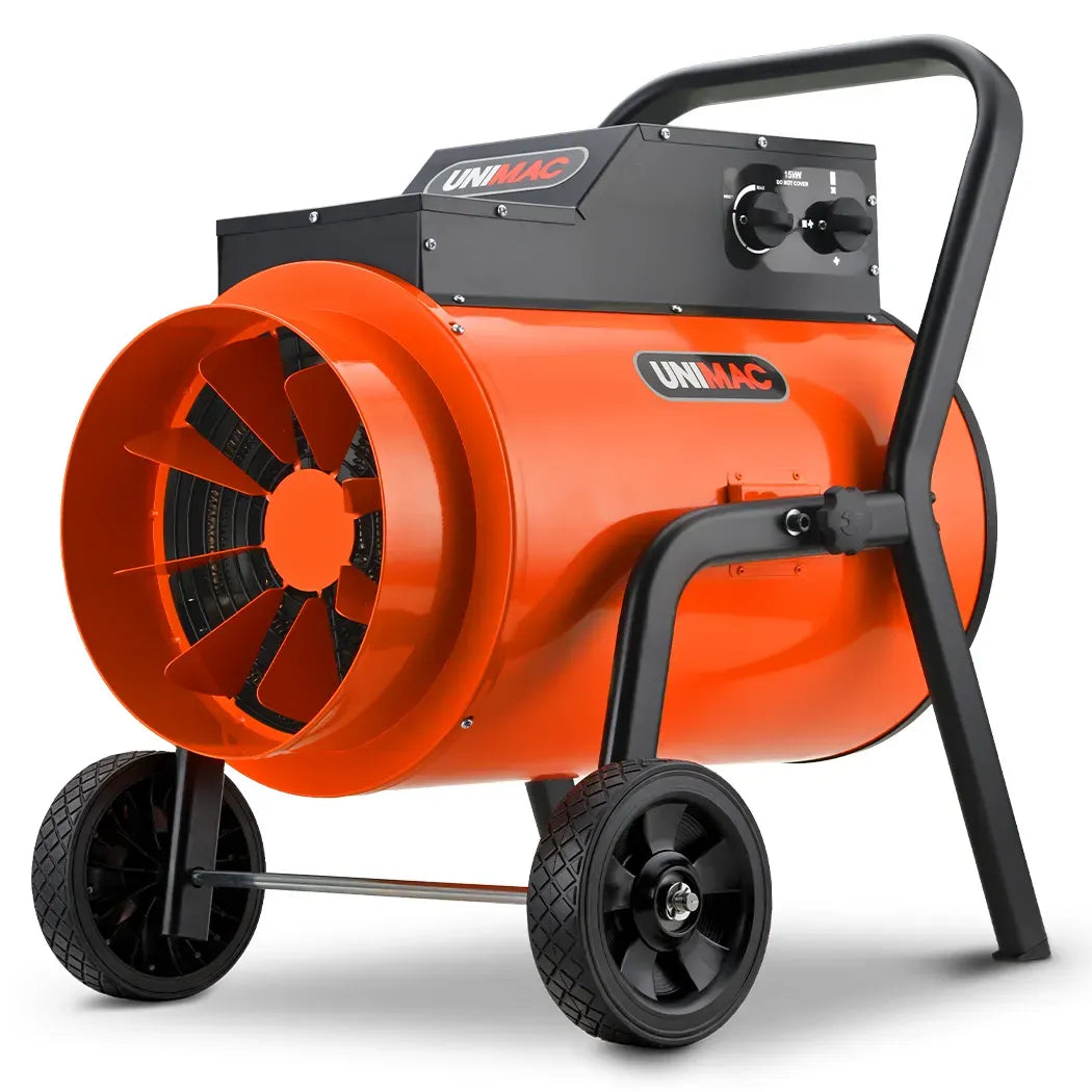 UNIMAC 15kW Portable Industrial Electric Space Fan Heater, 32A 3 Phase, Wheel Mounted, Adjustable Thermostat, High Power for Workshop and Warehouse