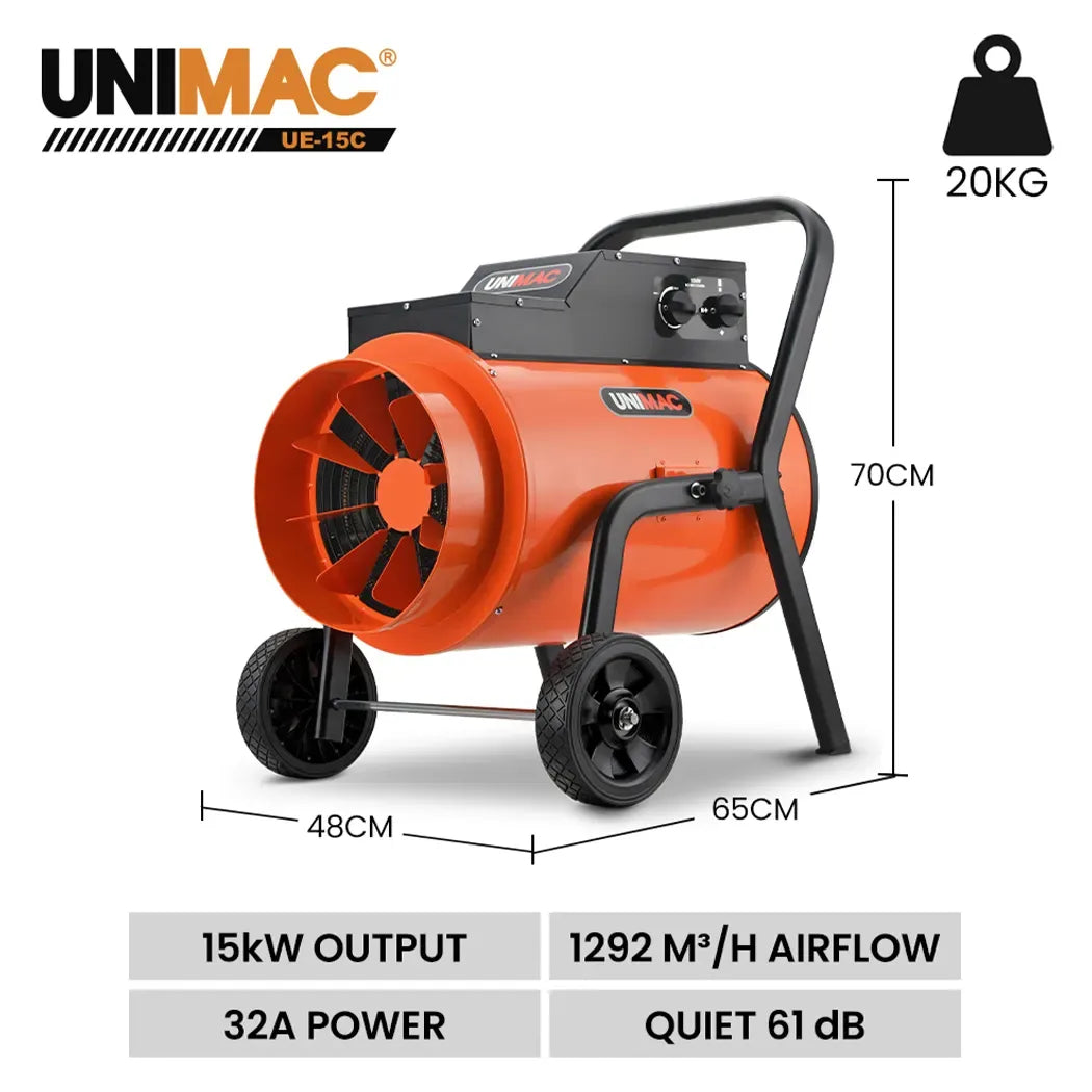 UNIMAC 15kW Portable Industrial Electric Space Fan Heater, 32A 3 Phase, Wheel Mounted, Adjustable Thermostat, High Power for Workshop and Warehouse