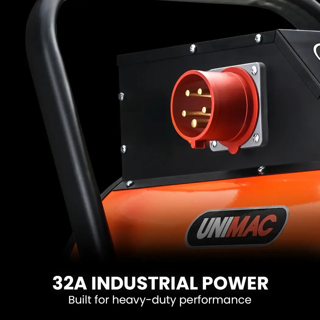 UNIMAC 15kW Portable Industrial Electric Space Fan Heater, 32A 3 Phase, Wheel Mounted, Adjustable Thermostat, High Power for Workshop and Warehouse