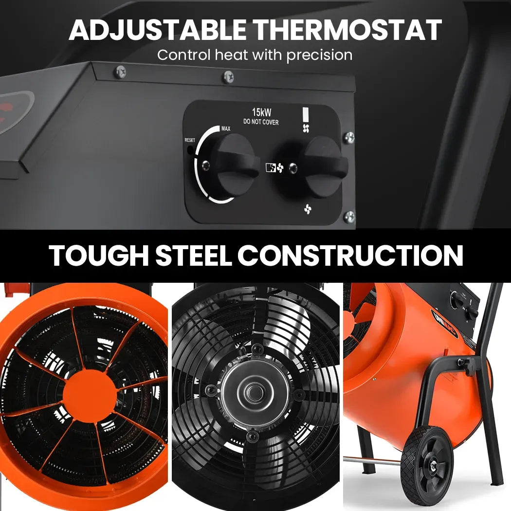 UNIMAC 15kW Portable Industrial Electric Space Fan Heater, 32A 3 Phase, Wheel Mounted, Adjustable Thermostat, High Power for Workshop and Warehouse