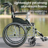 EQUIPMED 20 Inch Folding Wheelchair Lightweight Aluminium Portable with Park Brakes, Black - Front View