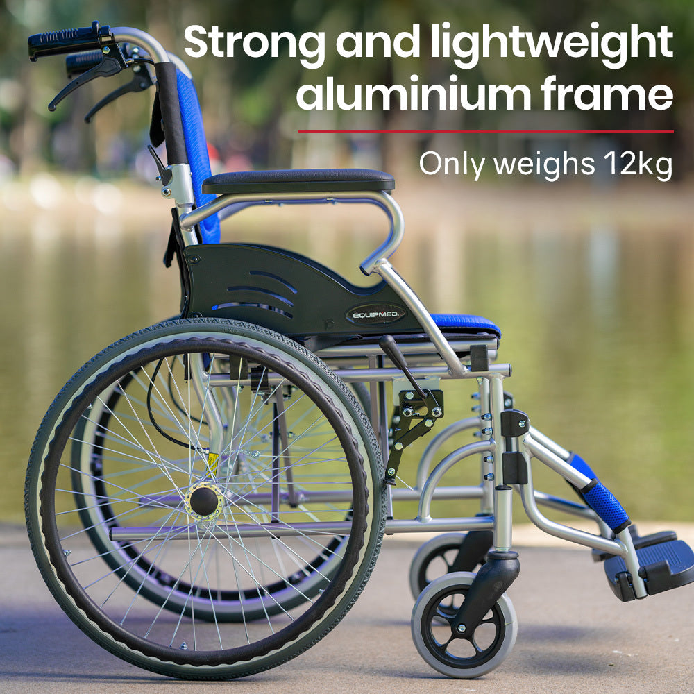 EQUIPMED Folding Aluminium Wheelchair, 20 Wheels, Park Brakes, 100kg Capacity, Blue