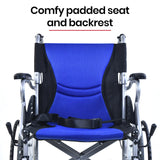 EQUIPMED Folding Aluminium Wheelchair, 20 Wheels, Park Brakes, 100kg Capacity, Blue - Close-Up Angle