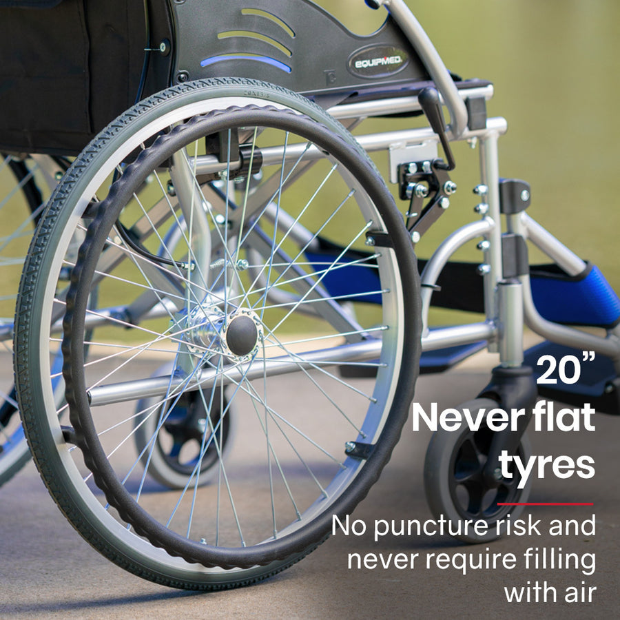 EQUIPMED Folding Aluminium Wheelchair, 20" Wheels, Park Brakes, 100kg Capacity, Blue
