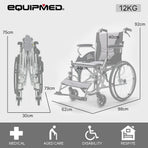 EQUIPMED Folding Aluminium Wheelchair, 20" Wheels, Park Brakes, 100kg Capacity, Grey/Black