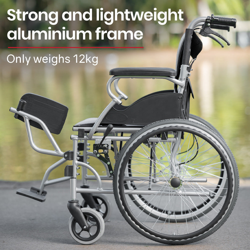 EQUIPMED Folding Aluminium Wheelchair, 20 Wheels, Park Brakes, 100kg Capacity, Grey/Black