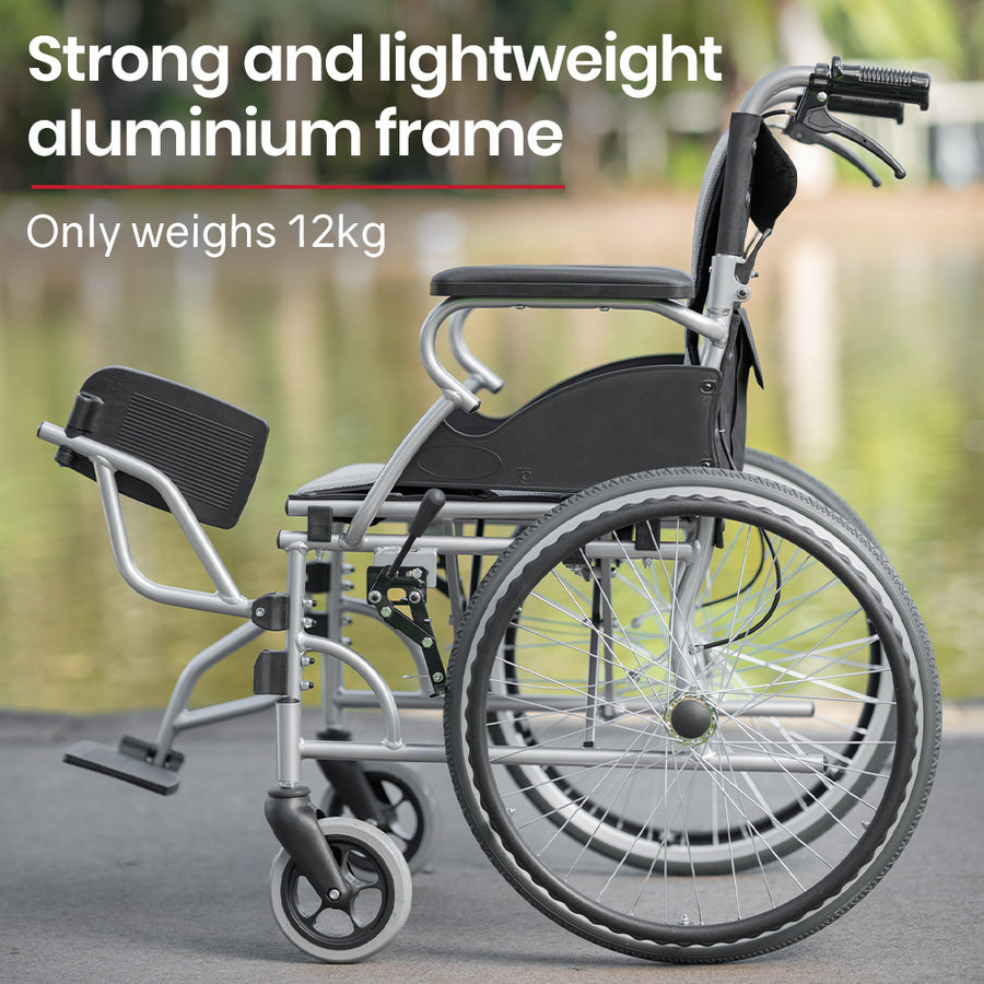 EQUIPMED Folding Aluminium Wheelchair, 20" Wheels, Park Brakes, 100kg Capacity, Grey/Black