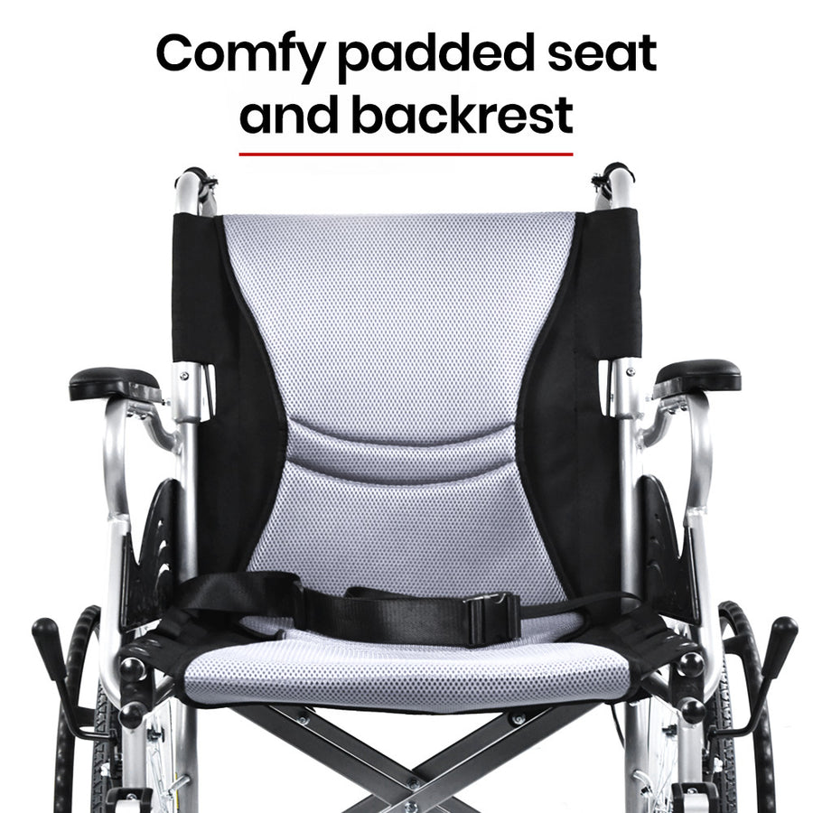 EQUIPMED Folding Aluminium Wheelchair, 20" Wheels, Park Brakes, 100kg Capacity, Grey/Black