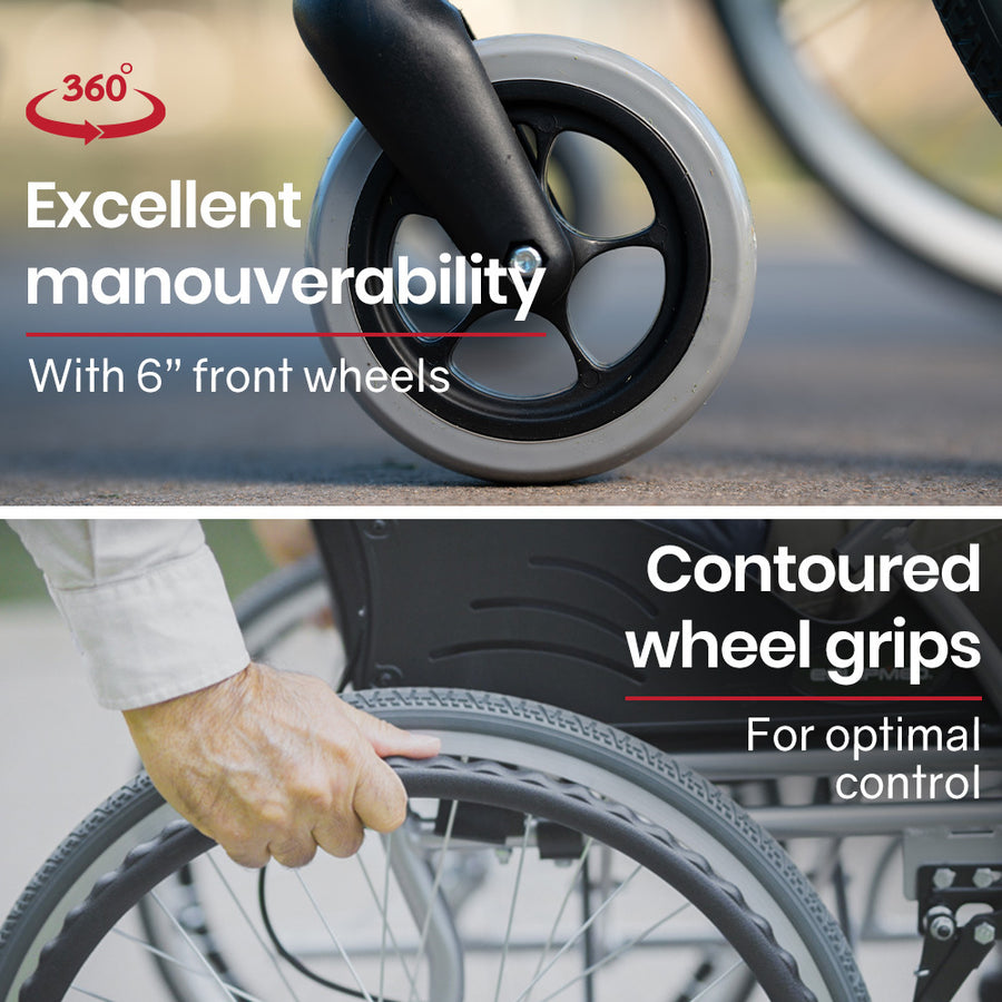 EQUIPMED Folding Aluminium Wheelchair, 20" Wheels, Park Brakes, 100kg Capacity, Grey/Black