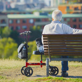 Equipmed Knee Scooter Walker, Dual Brakes - Bag - Broken Leg Ankle Foot Mobility - Crutches Alternative - Red - Low Angle