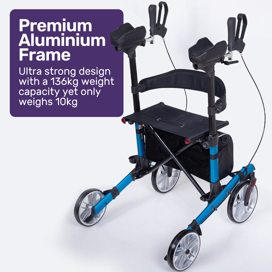 EQUIPMED Upright Rollator Walker with Forearm Support Rests, Mobilty Aid with Seat, Blue
