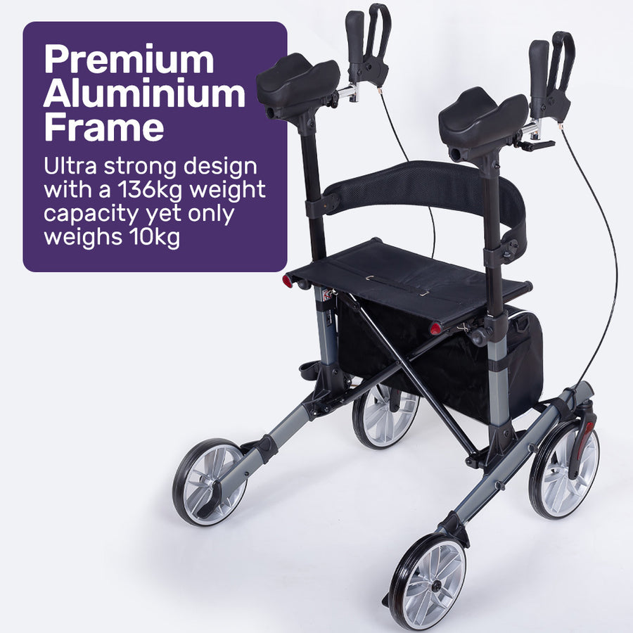 EQUIPMED Upright Rollator Walker with Forearm Rest Supports, Mobilty Aid with Seat, Grey