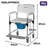 Equipmed Commode Shower Chair, Over Toilet or Bedside 136kg Capacity Aluminium frame with Wheels, White/Blue - Front View