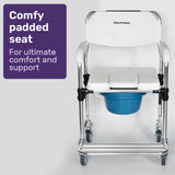 Equipmed Commode Shower Chair, Over Toilet or Bedside 136kg Capacity Aluminium frame with Wheels, White/Blue - Top-Down View